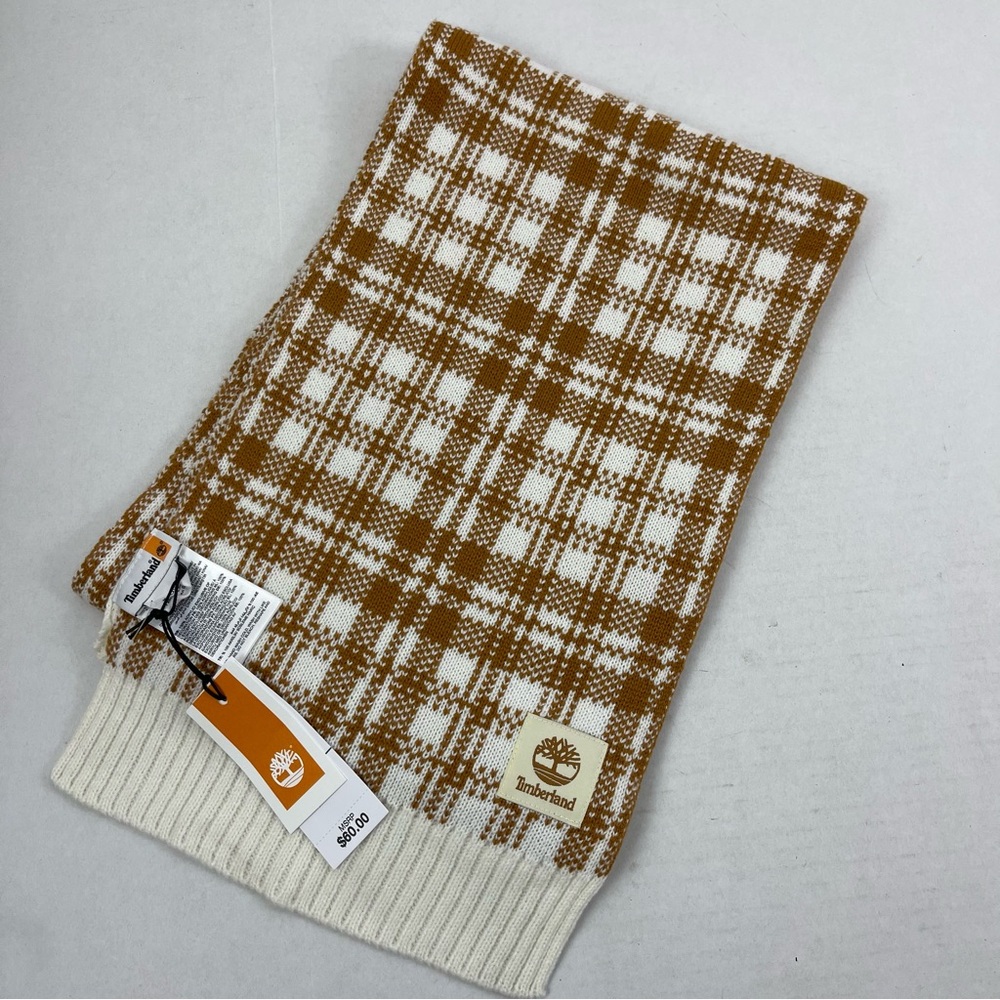 Timberland Plaid Knit Scarf Brown‎ White Acrylic OS 66.5” x 10” NEW